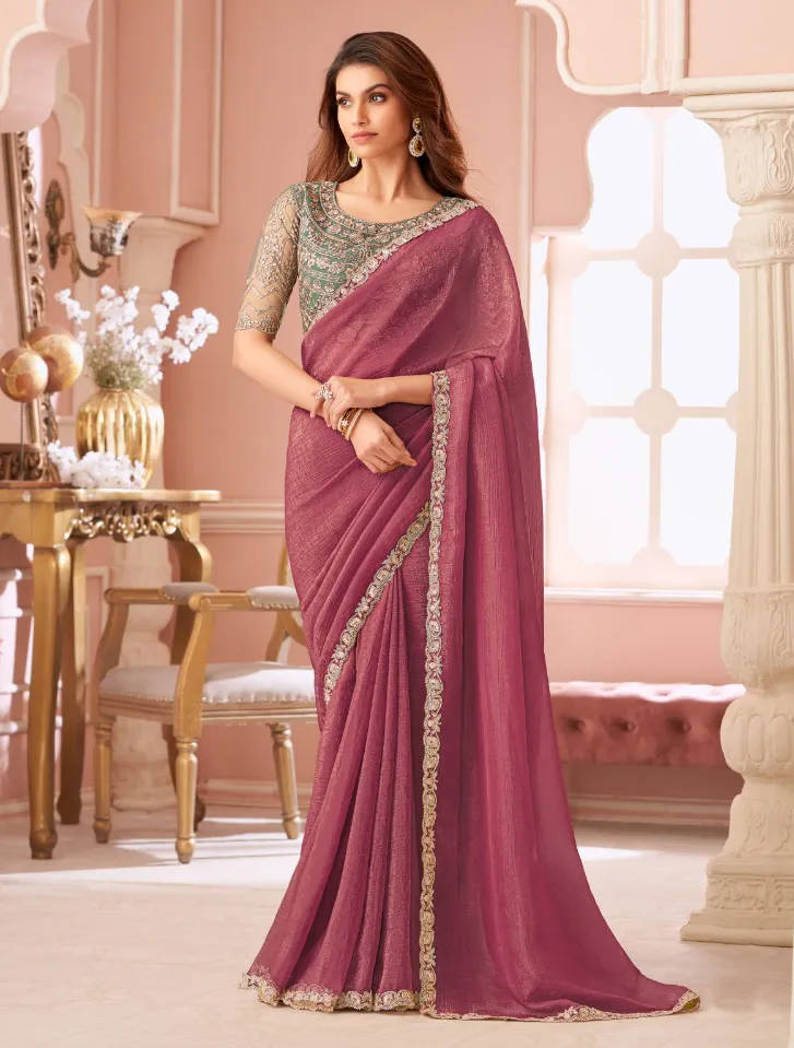 Berry Pink Georgette Border Work Saree With Heavy Blouse