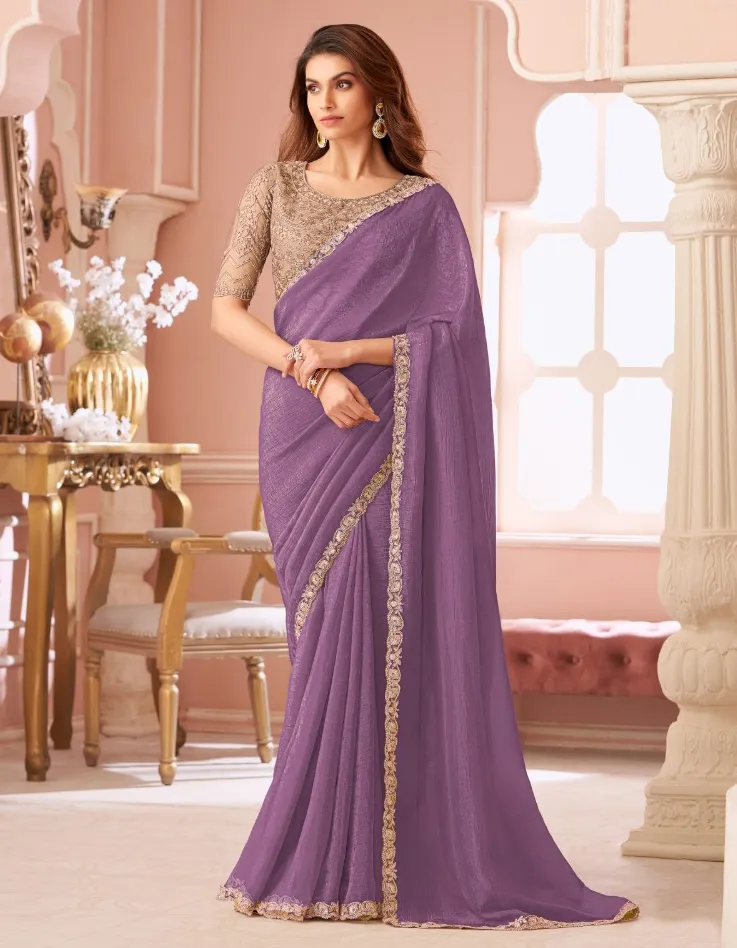 Purple Georgette Border Work Saree With Heavy Blouse