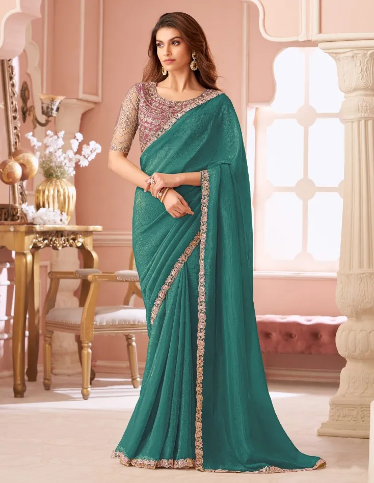 Teal Green Georgette Border Work Saree With Heavy Blouse