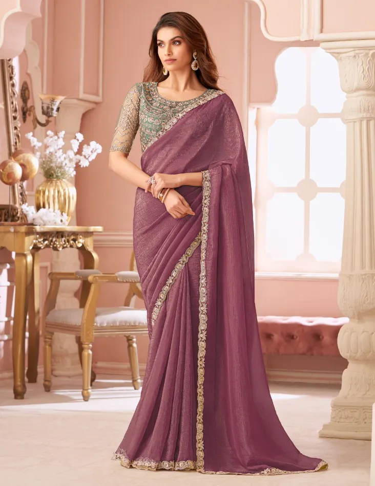 Dusty Mauve Georgette Border Work Saree With Heavy Blouse
