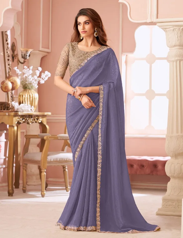 Lavender Georgette Border Work Saree With Heavy Blouse