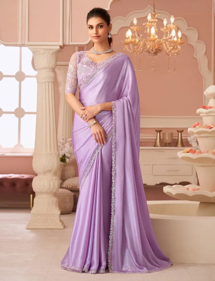 Onion Pink Silver Chiffon Border Work Saree With Heavy Blouse