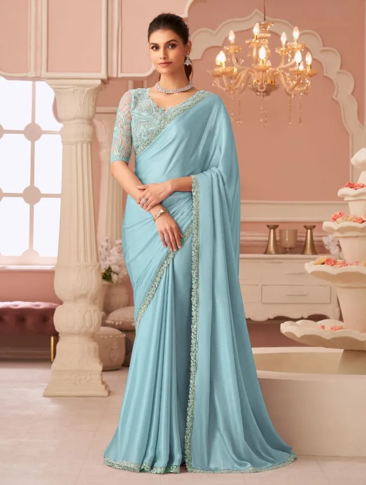 Sky Blue Silver Chiffon Border Work Saree With Heavy Blouse