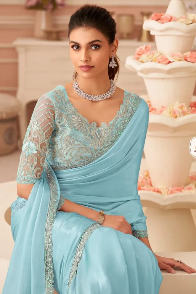 Sky Blue Silver Chiffon Border Work Saree With Heavy Blouse - Image 2