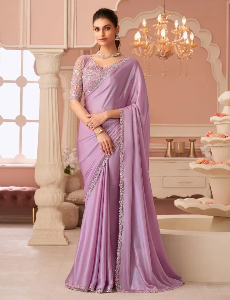Lavender Silver Chiffon Border Work Saree With Heavy Blouse