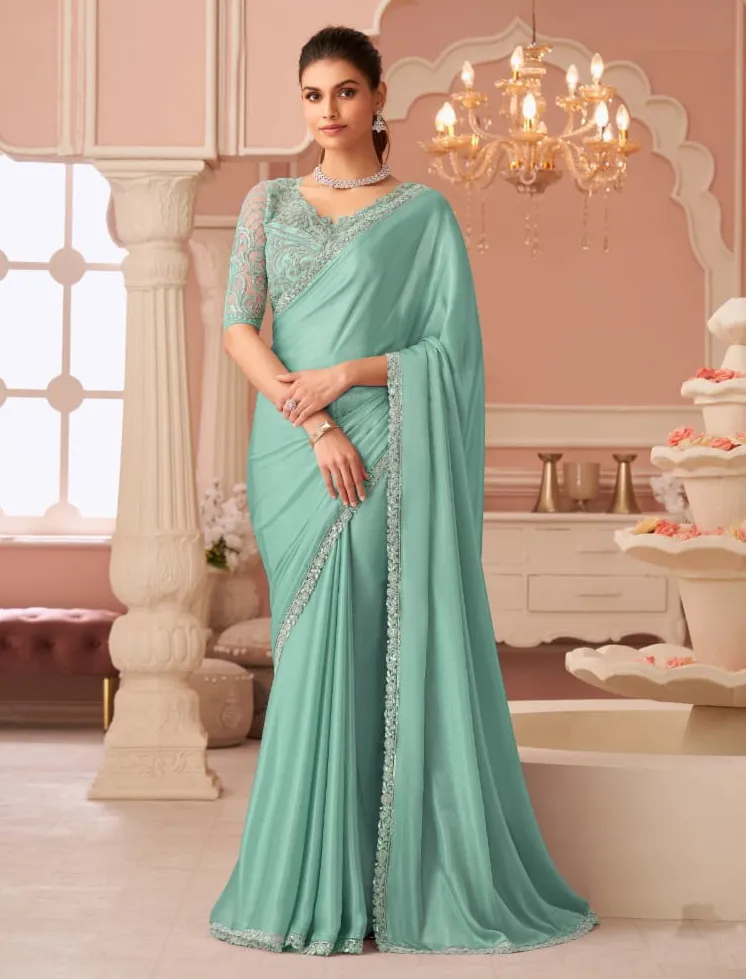 Mint Green Silver Chiffon Border Work Saree With Heavy Blouse