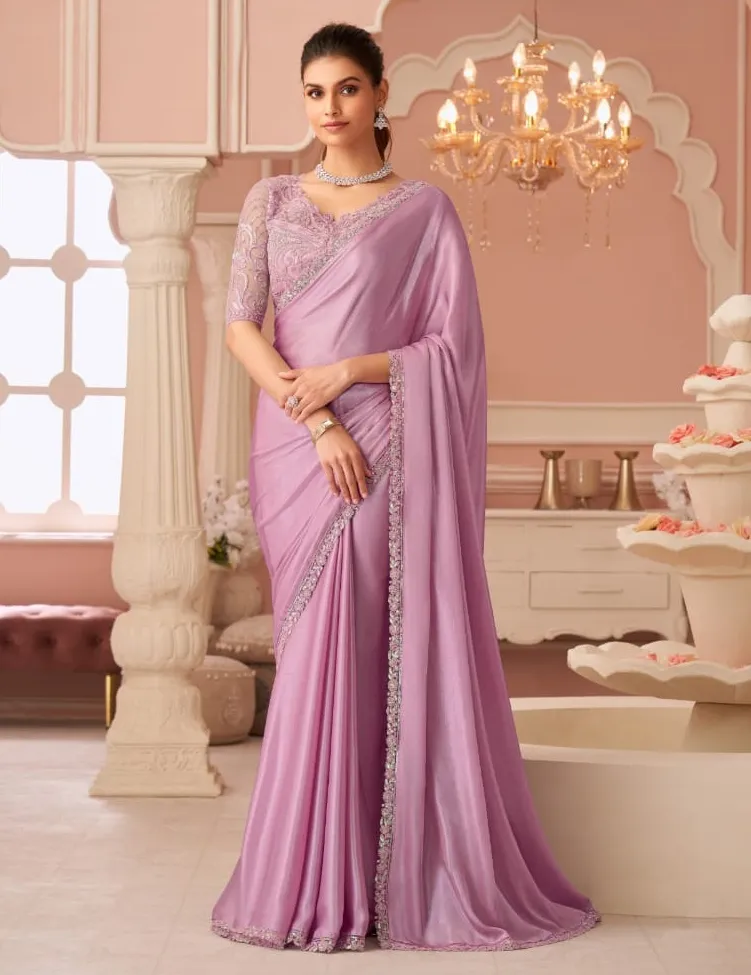 Pink Silver Chiffon Border Work Saree With Heavy Blouse