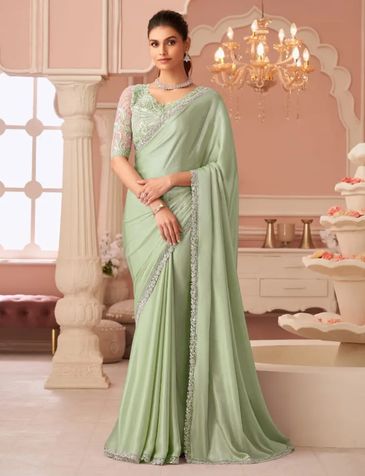 Light Green Silver Chiffon Border Work Saree With Heavy Blouse
