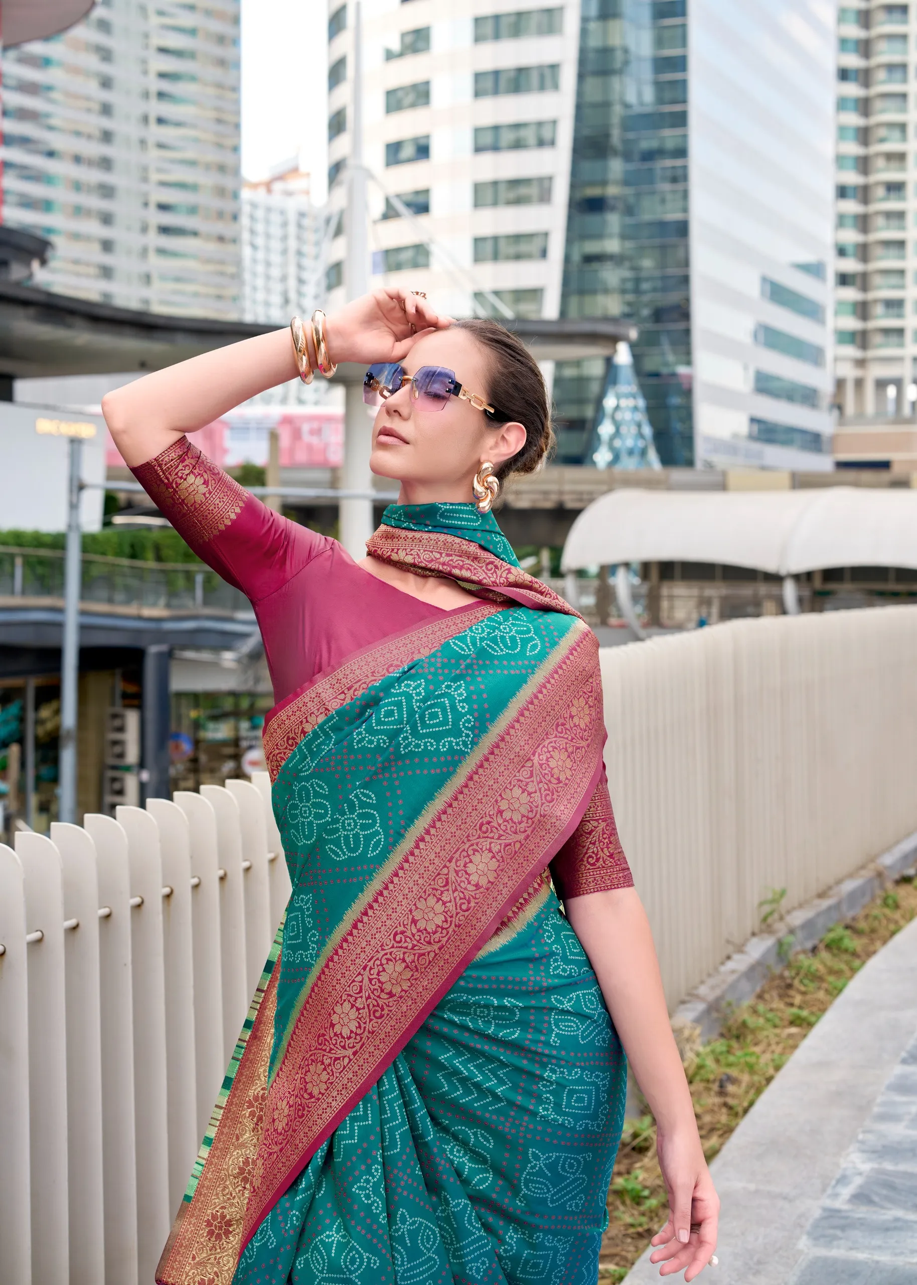 Teal Soft Silk Bandhani Weaving Saree - Image 2