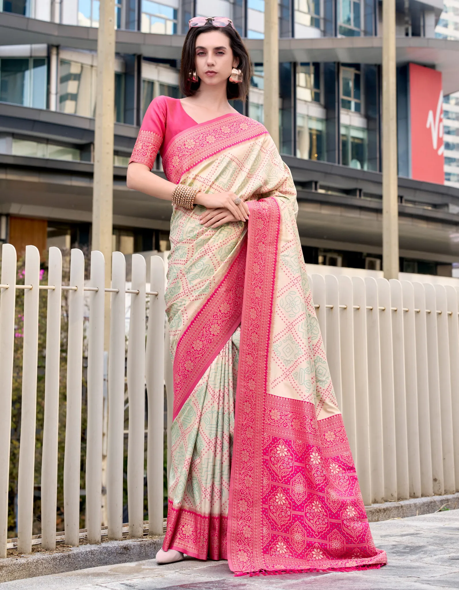 Cream Soft Silk Bandhani Weaving Saree
