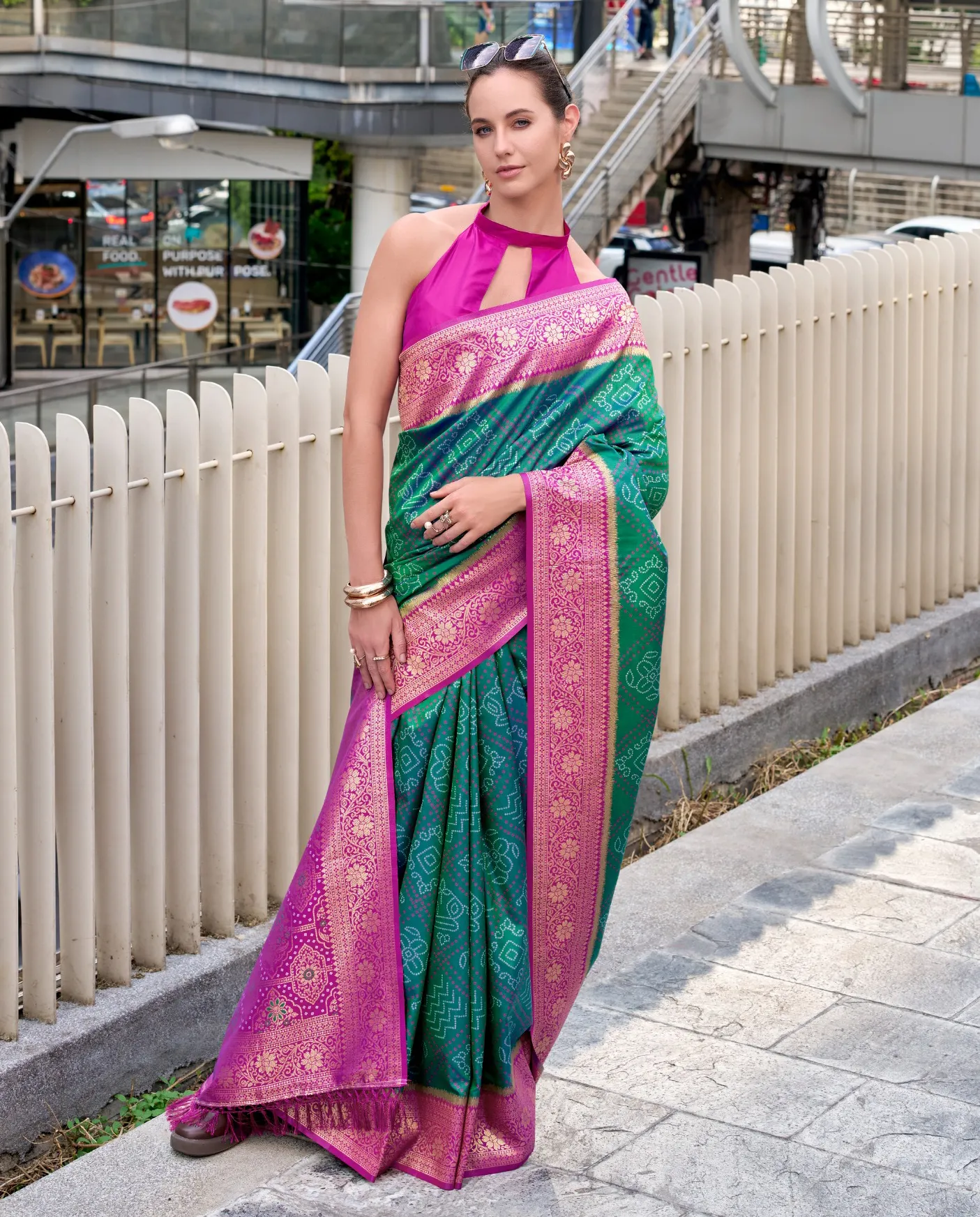 Teal Green Soft Silk Bandhani Weaving Saree