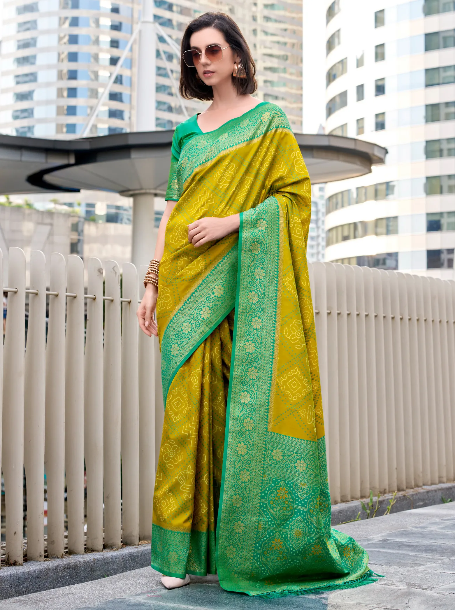Mustard Soft Silk Bandhani Weaving Saree