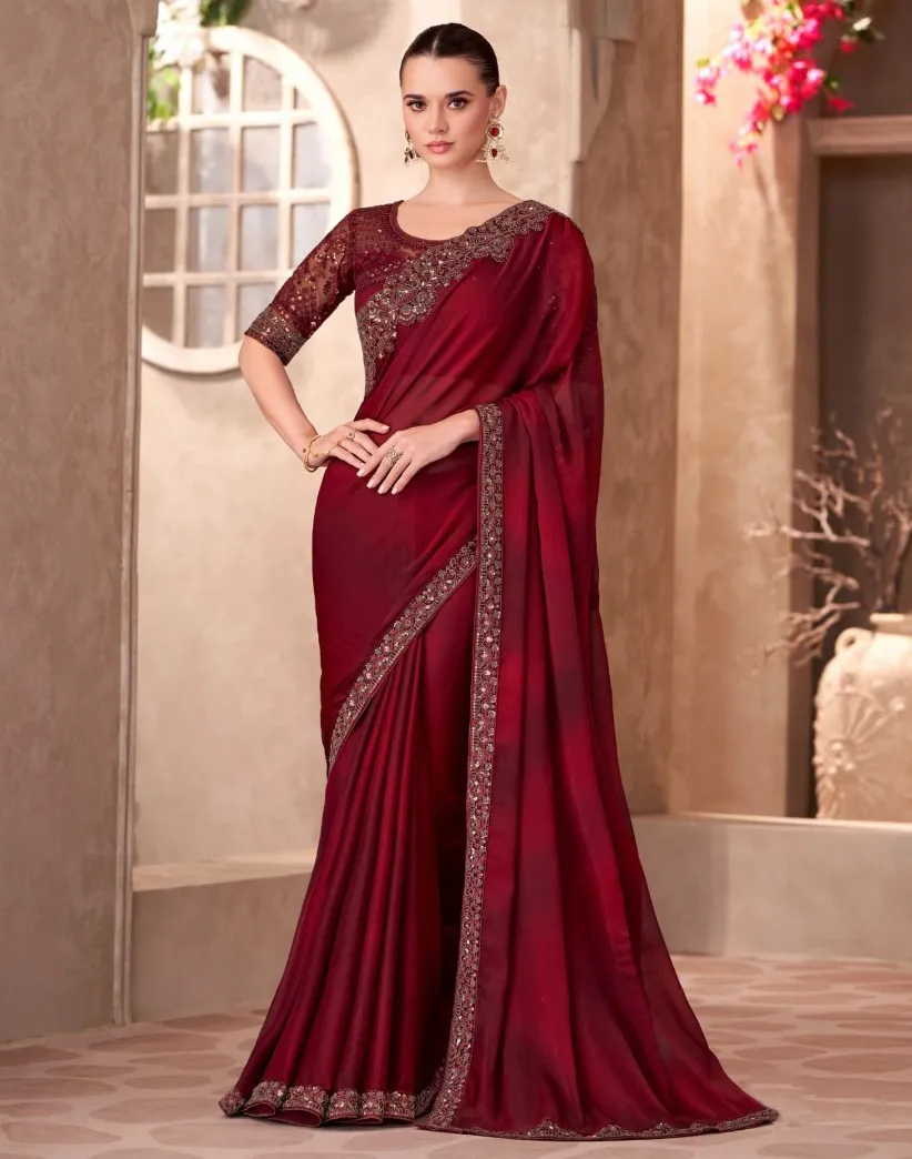 Maroon Sparkle Shaded Chiffon Saree With Heavy Blouse
