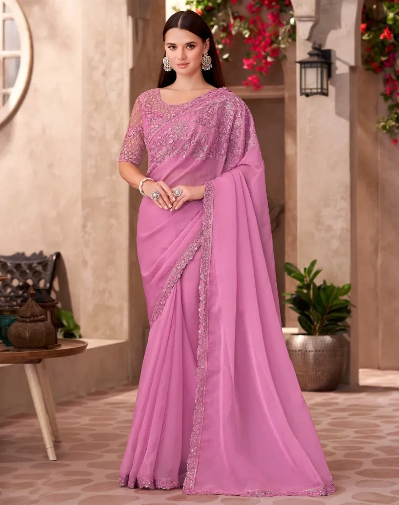 Silk Pink Chiffon Saree With Heavy Blouse