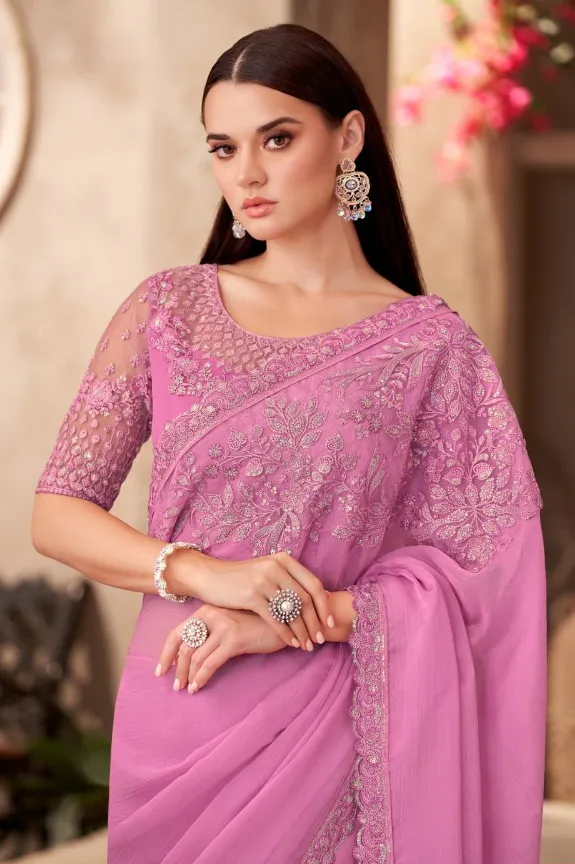 Silk Pink Chiffon Saree With Heavy Blouse - Image 2