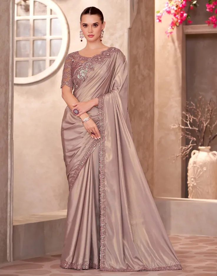 Brown Shimmer Silk Crepe Saree With Heavy Blouse