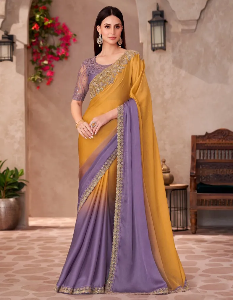 Mustard And Purple Sparkle Shaded Chiffon Saree With Heavy Blouse