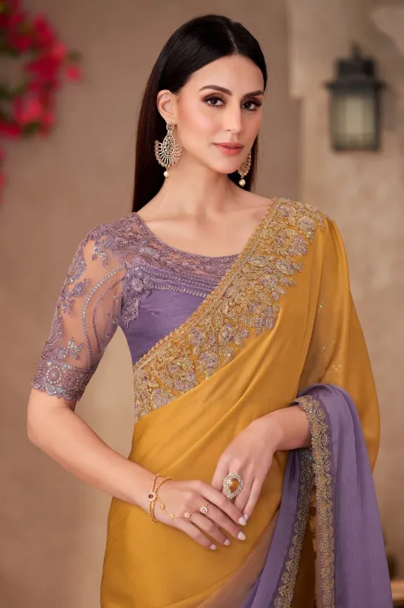 Mustard And Purple Sparkle Shaded Chiffon Saree With Heavy Blouse - Image 2