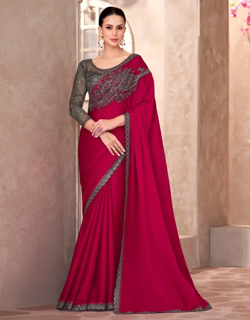Cherry Red Pure Chiffon Saree With Heavy Blouse
