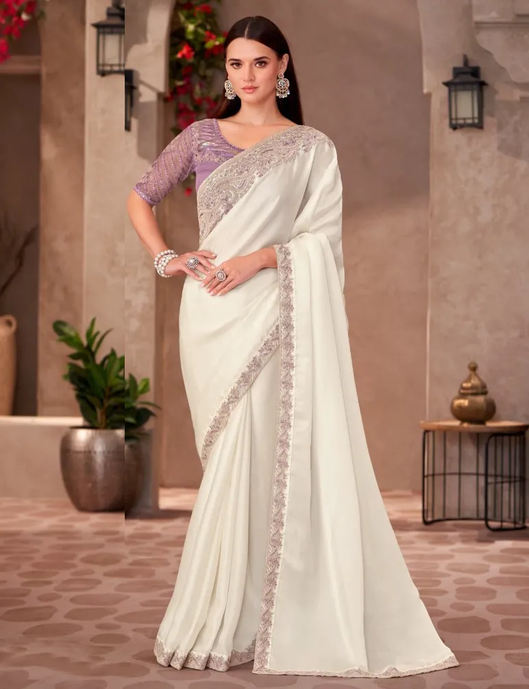 Pearl White Shining Georgette Saree With Heavy Blouse