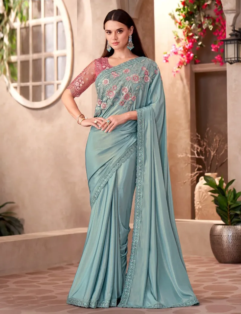 Light Blue Shimmer Silk Crepe Saree With Heavy Blouse