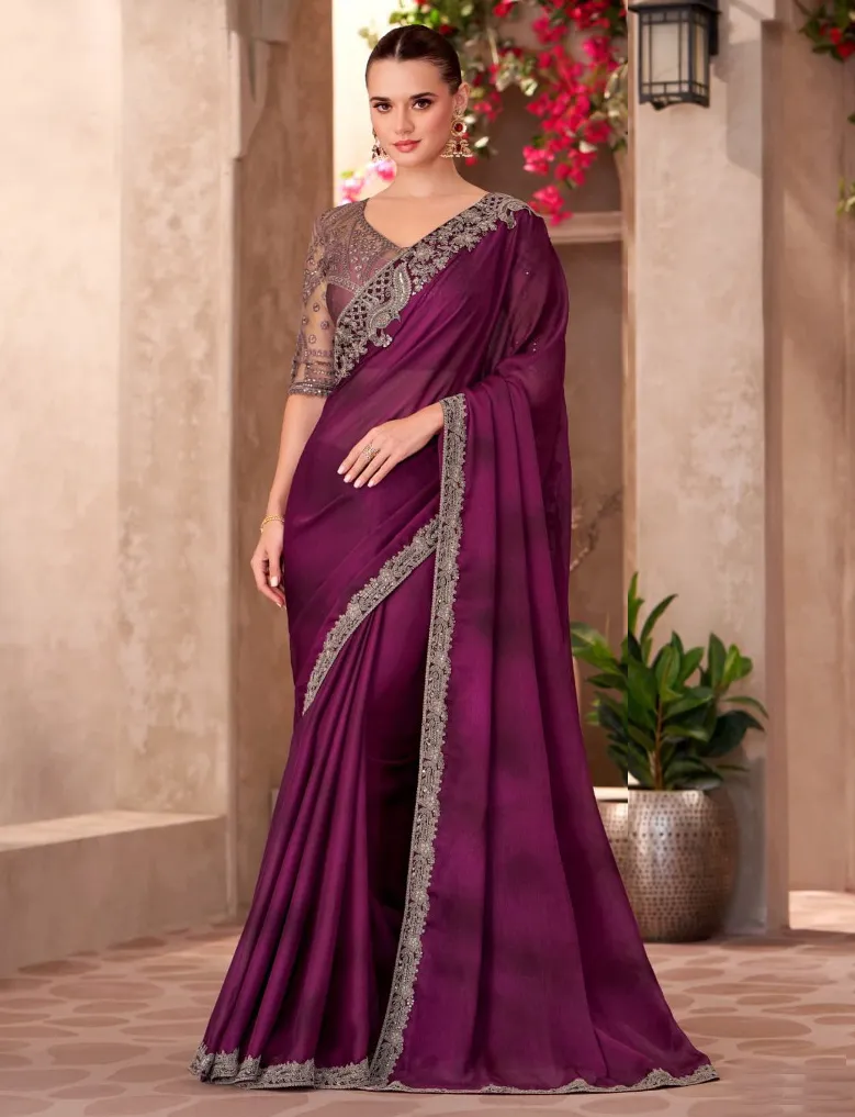 Wine Satin Chiffon Saree With Heavy Work Blouse