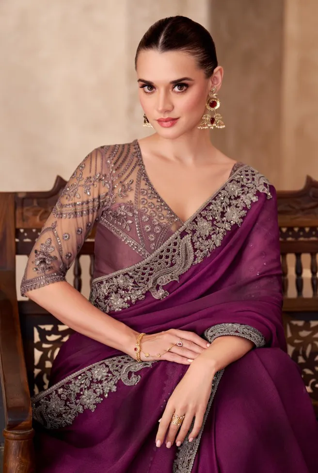Wine Satin Chiffon Saree With Heavy Work Blouse - Image 2