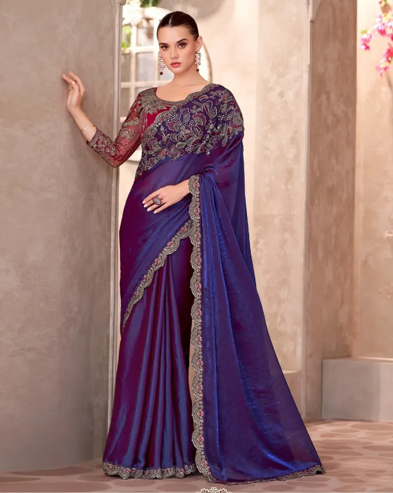 Royal Blue Satin Georgette Designer Saree With Heavy Blouse