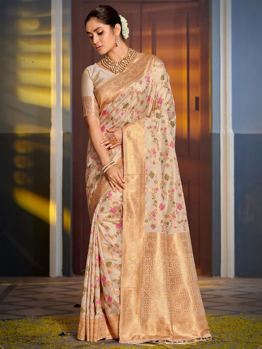 Beige Banarasi Silk Weaving Saree