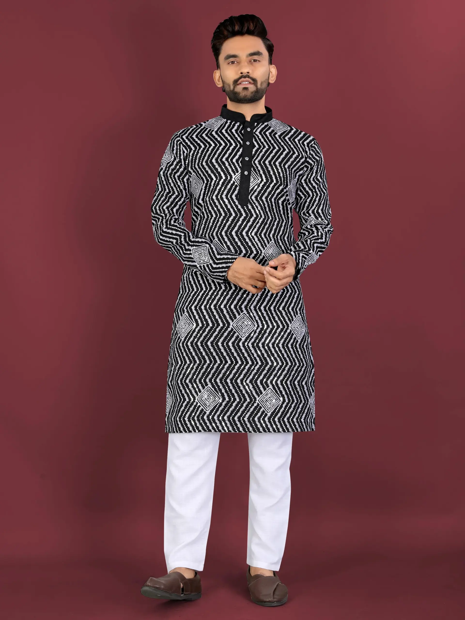 Black Soft Silk Sequence Embroidered Men's Kurta Pyjama