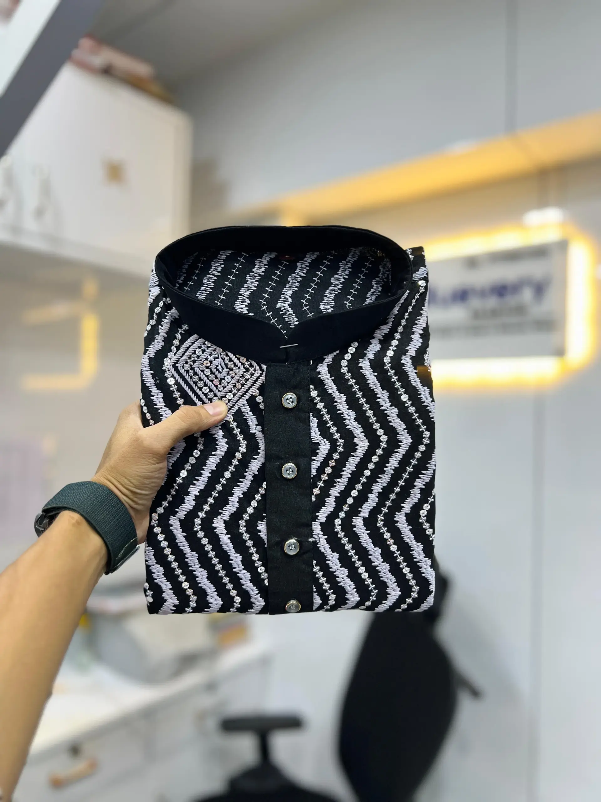 Black Soft Silk Sequence Embroidered Men's Kurta Pyjama - Image 2