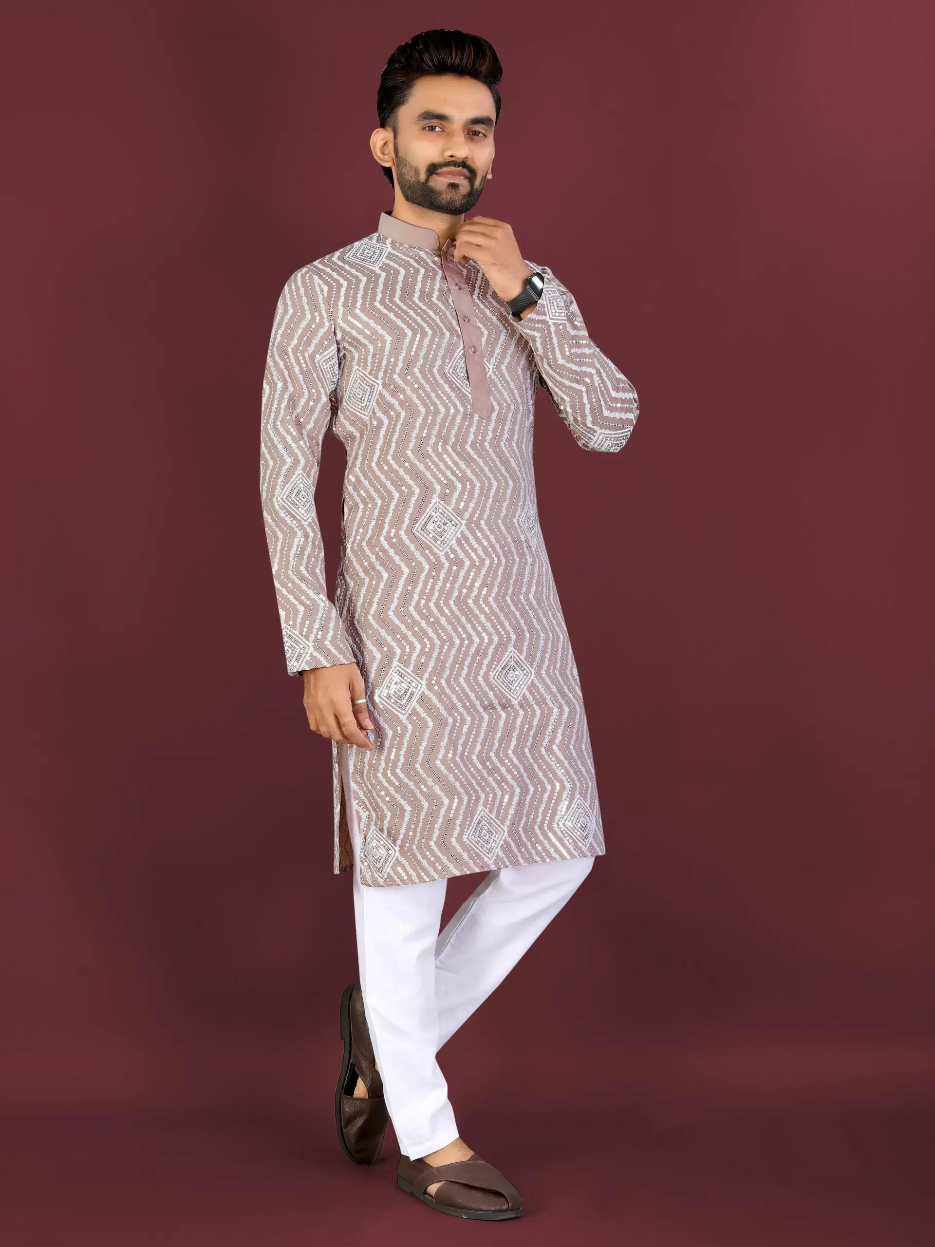 Brown Soft Silk Sequence Embroidered Men's Kurta Pyjama