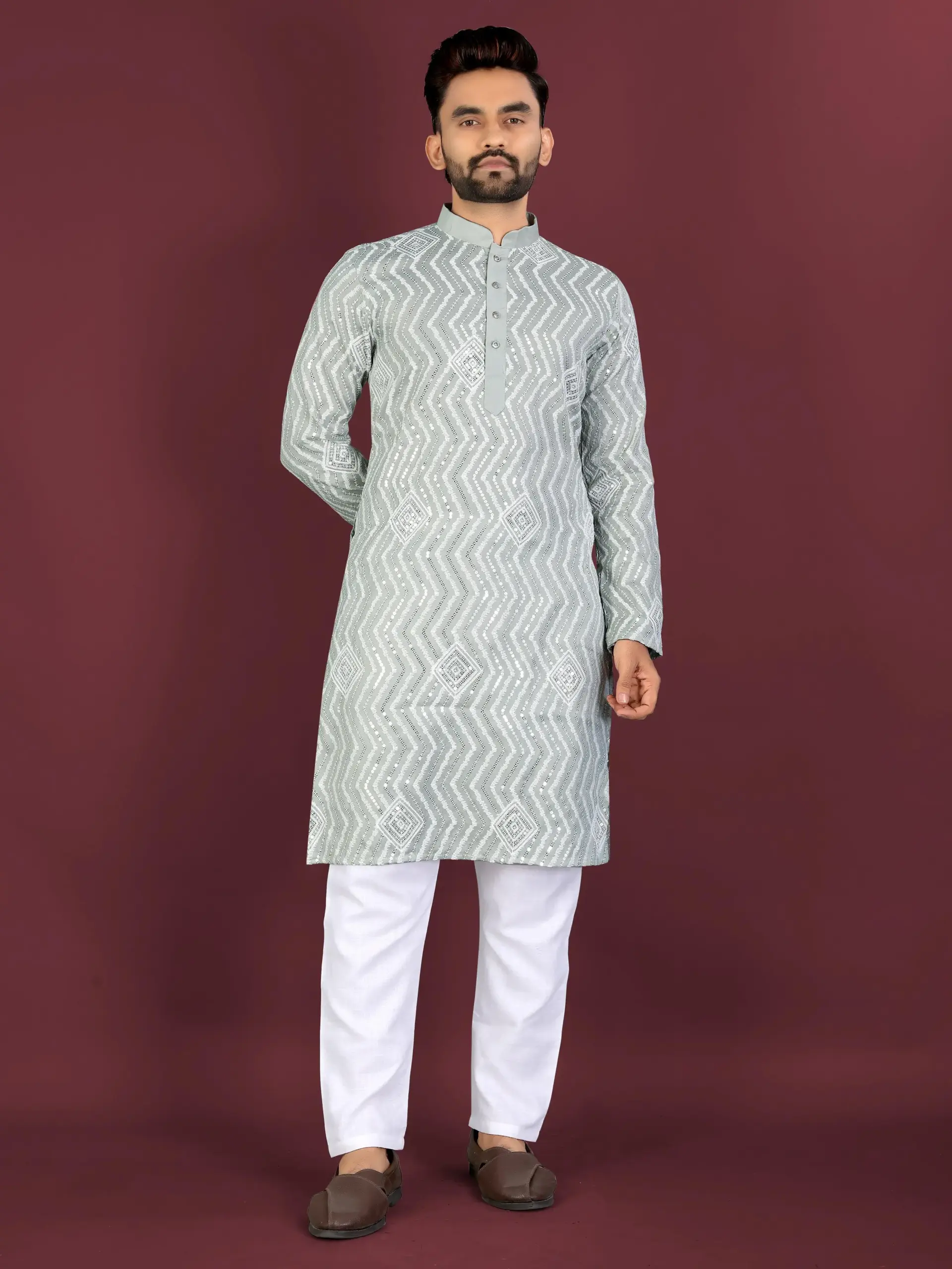 Light Green Soft Silk Sequence Embroidered Men's Kurta Pyjama
