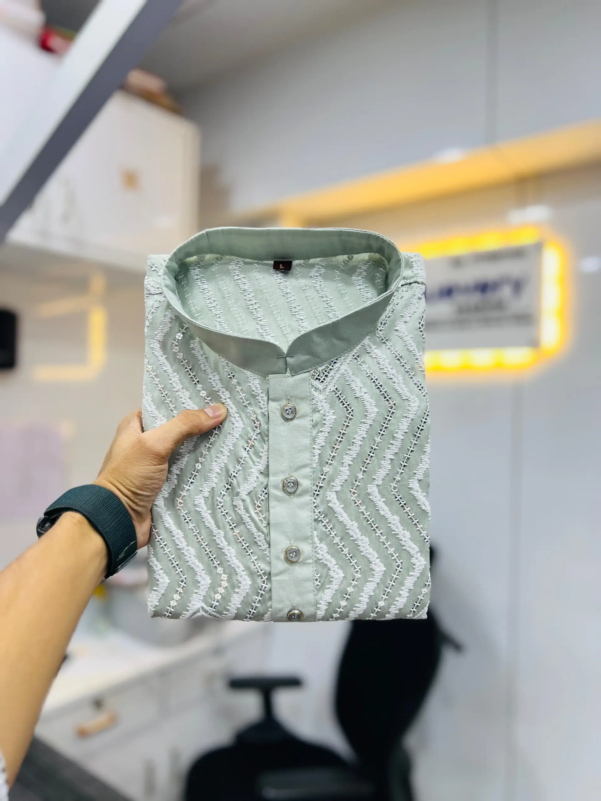 Light Green Soft Silk Sequence Embroidered Men's Kurta Pyjama - Image 2