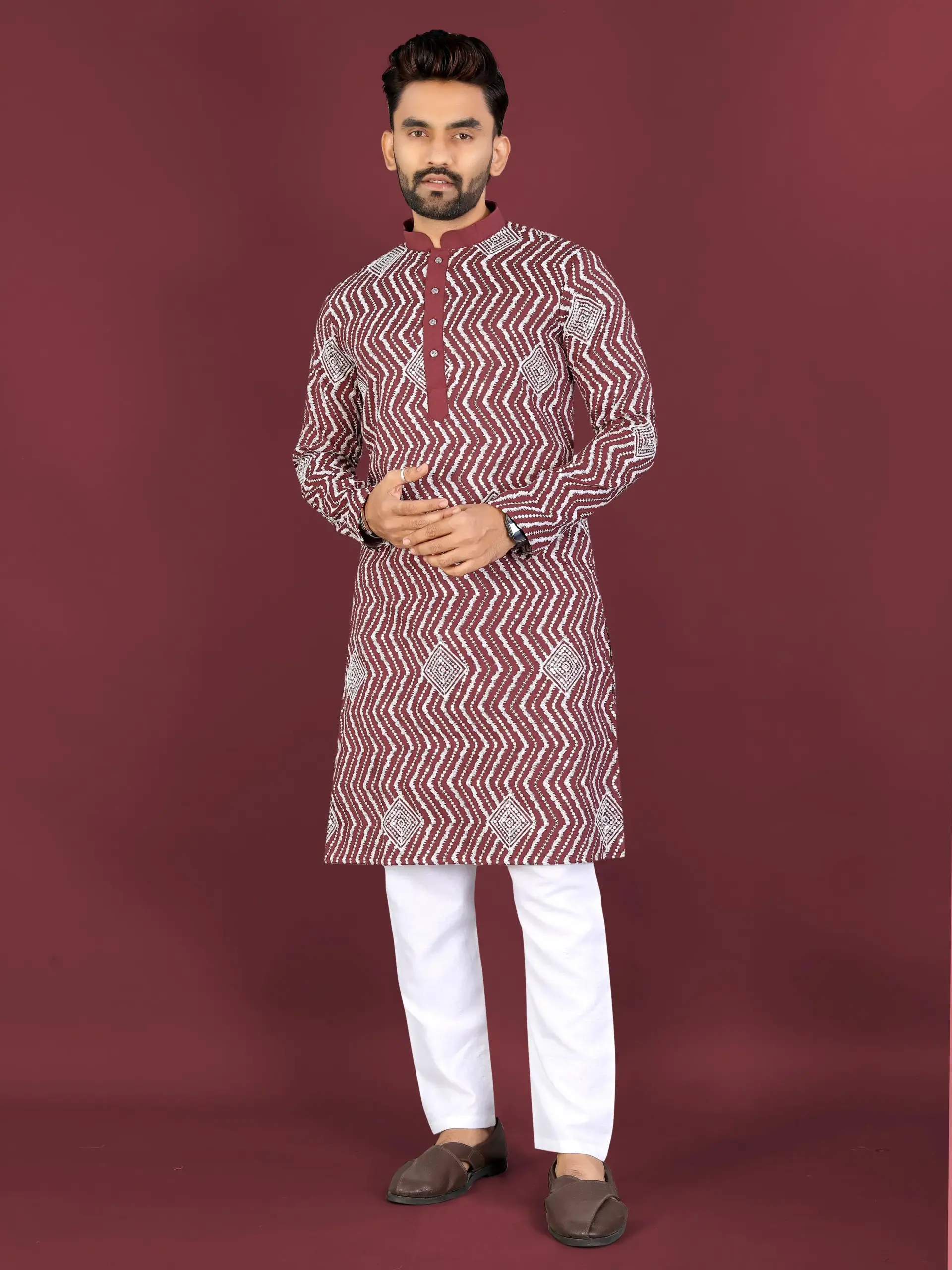 Maroon Soft Silk Sequence Embroidered Men's Kurta Pyjama