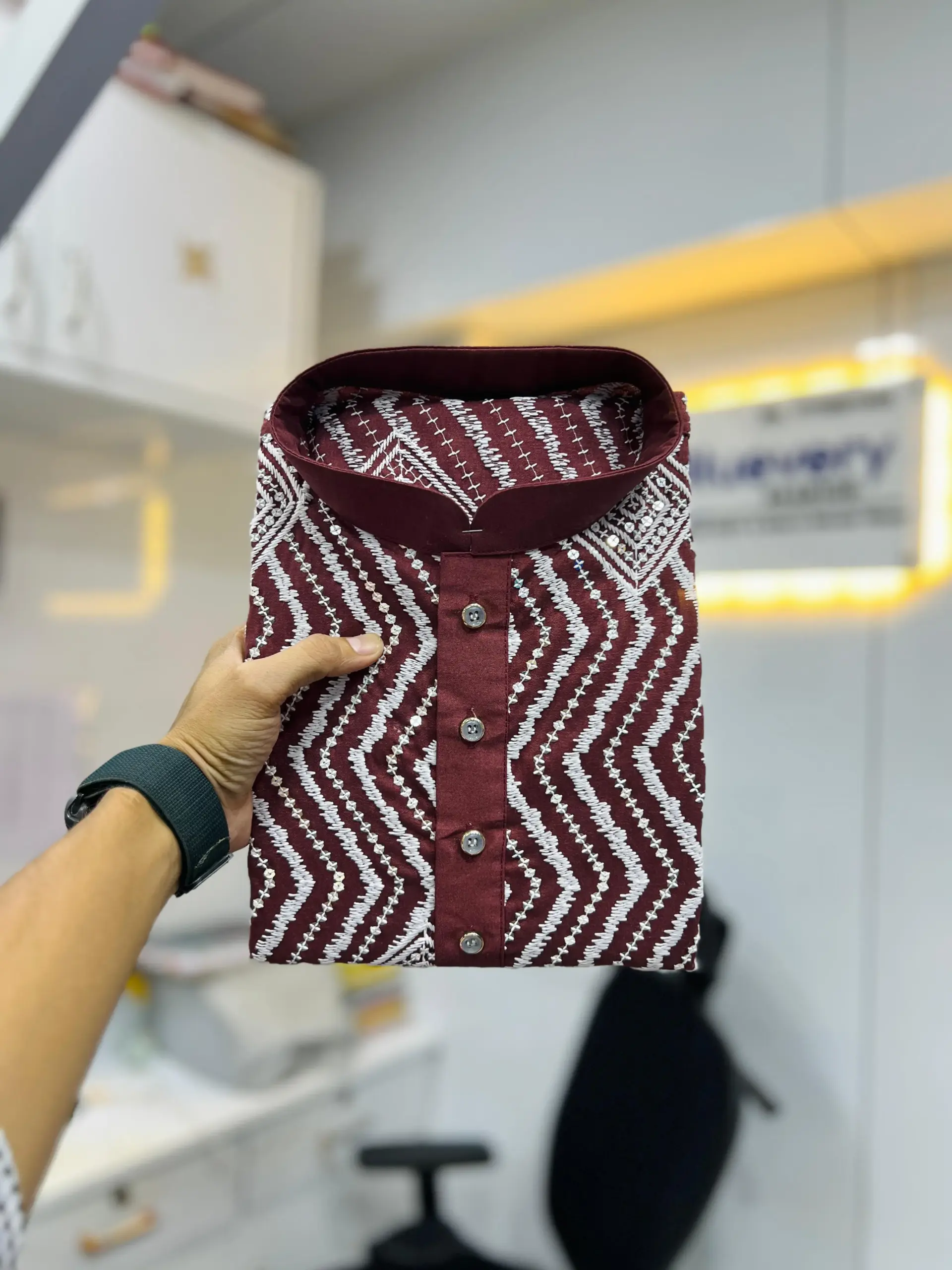 Maroon Soft Silk Sequence Embroidered Men's Kurta Pyjama - Image 2