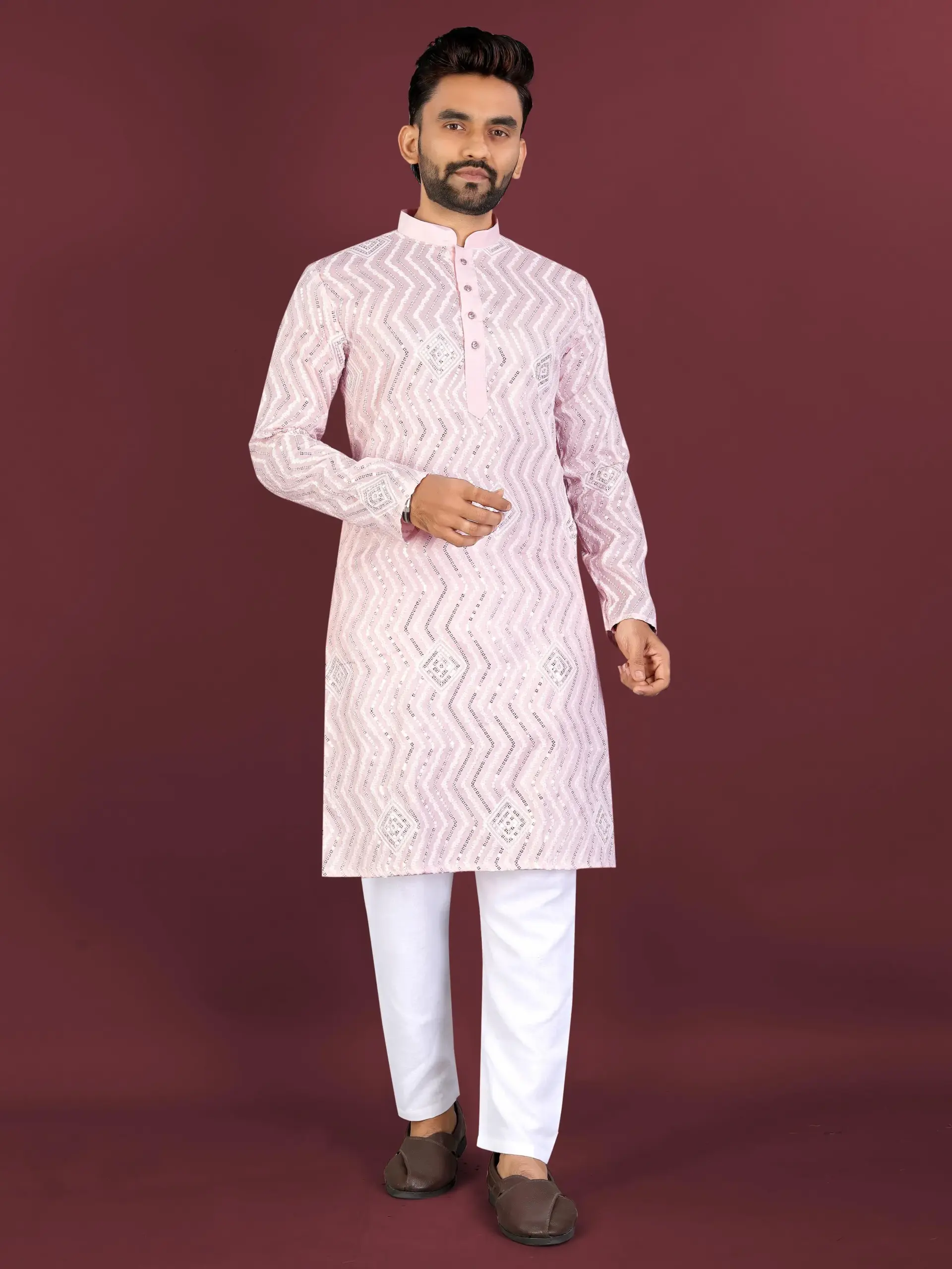 Pink Soft Silk Sequence Embroidered Men's Kurta Pyjama