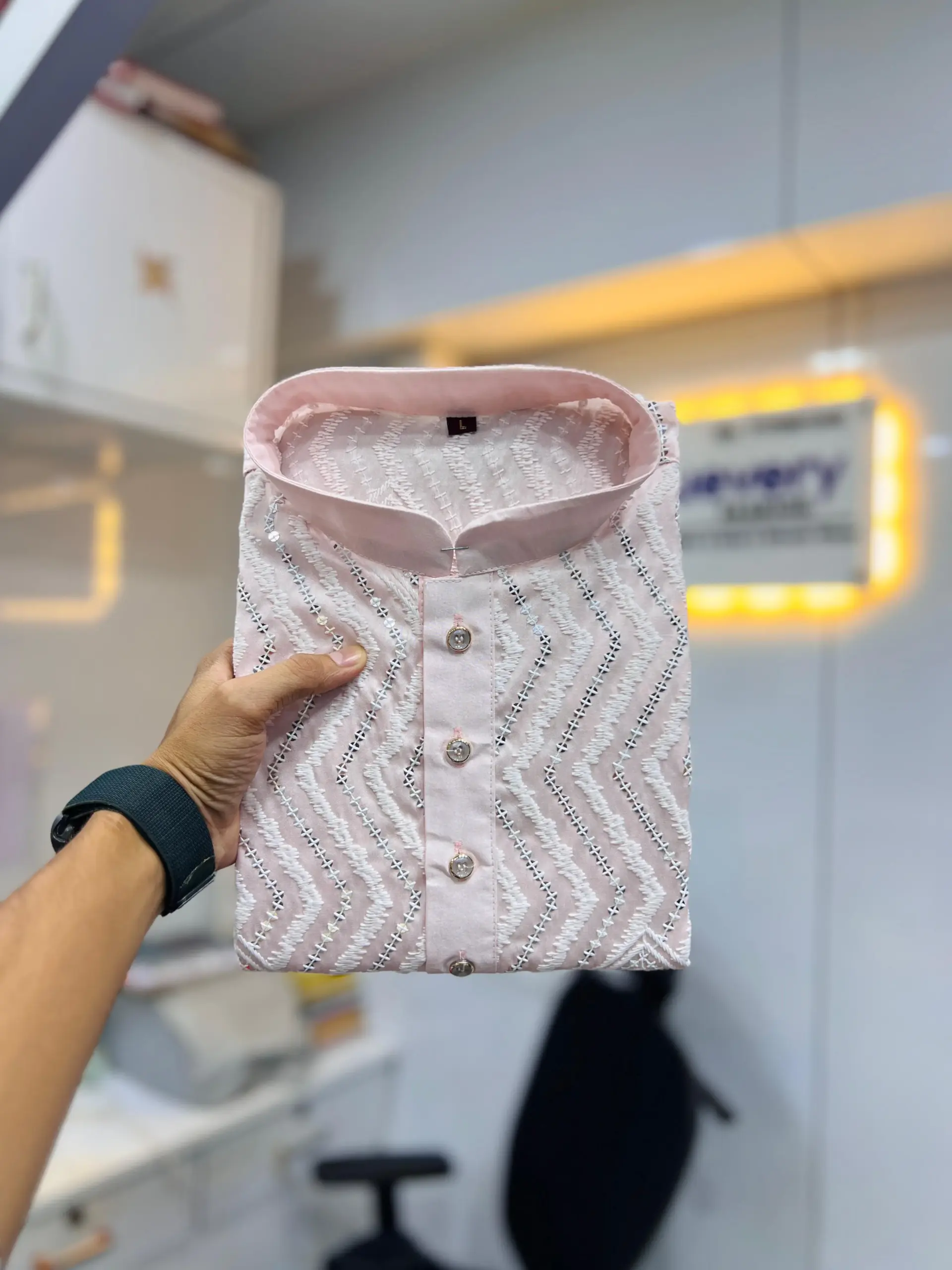 Pink Soft Silk Sequence Embroidered Men's Kurta Pyjama - Image 2