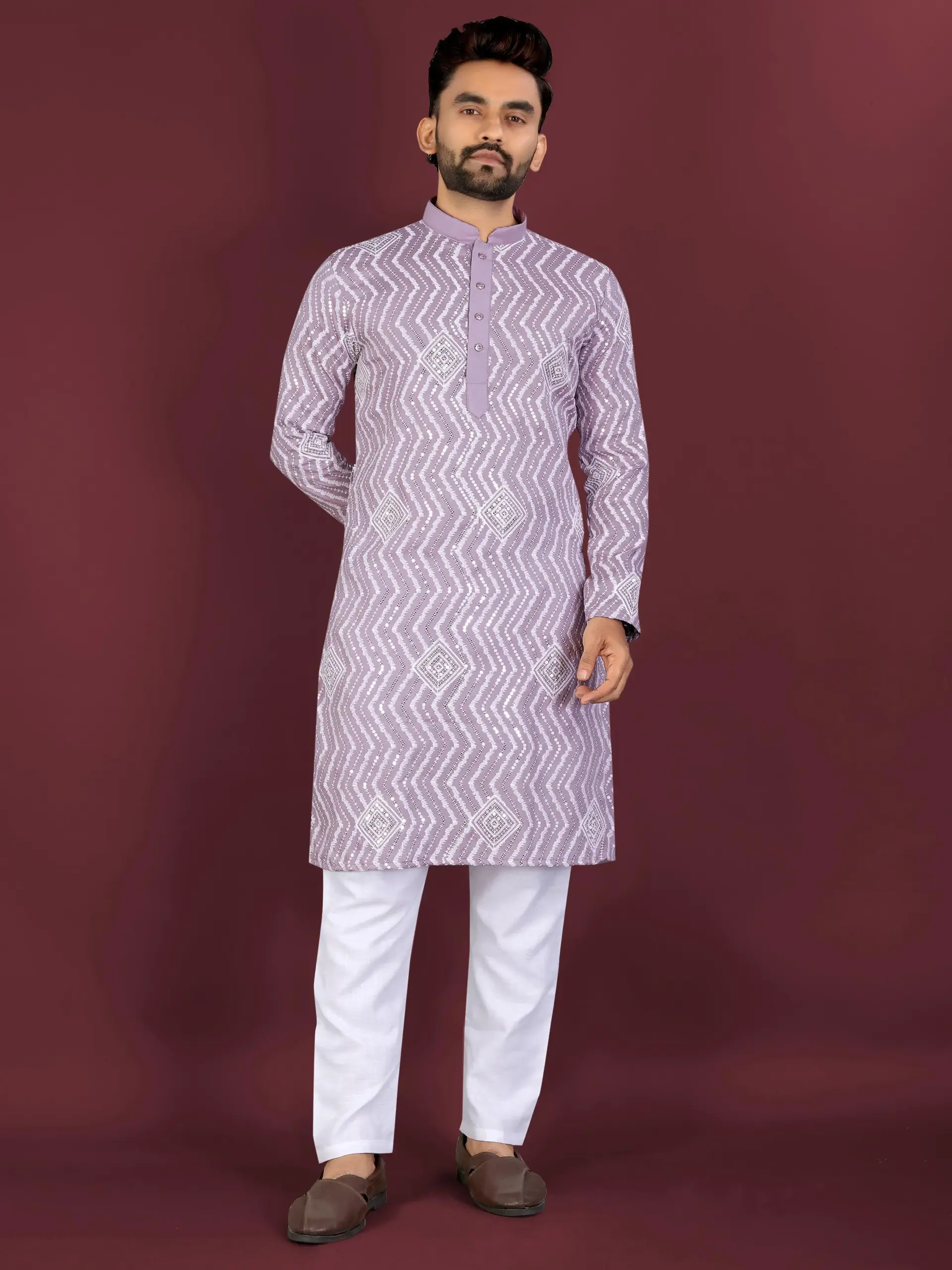 Purple Soft Silk Sequence Embroidered Men's Kurta Pyjama