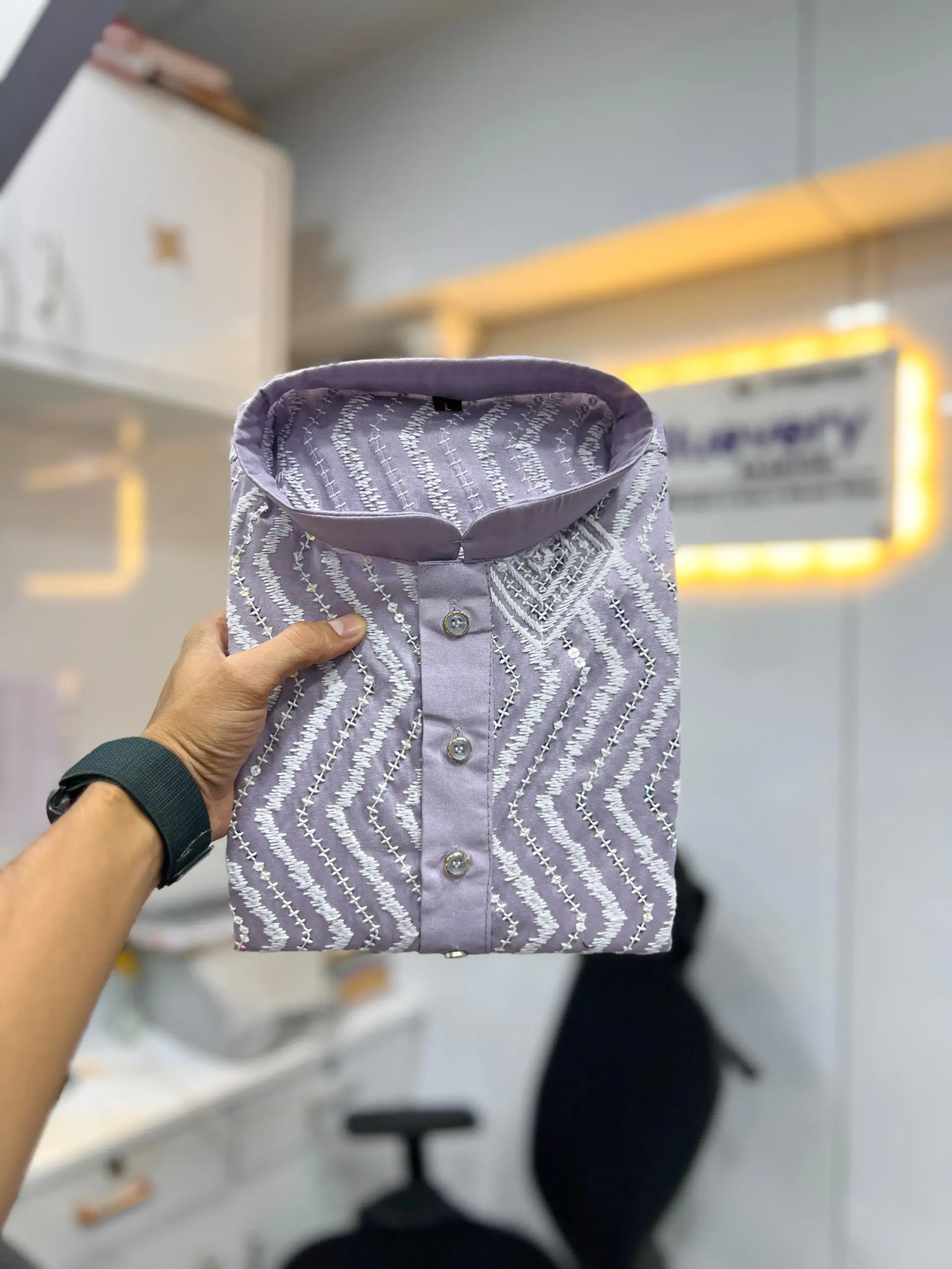 Purple Soft Silk Sequence Embroidered Men's Kurta Pyjama - Image 2