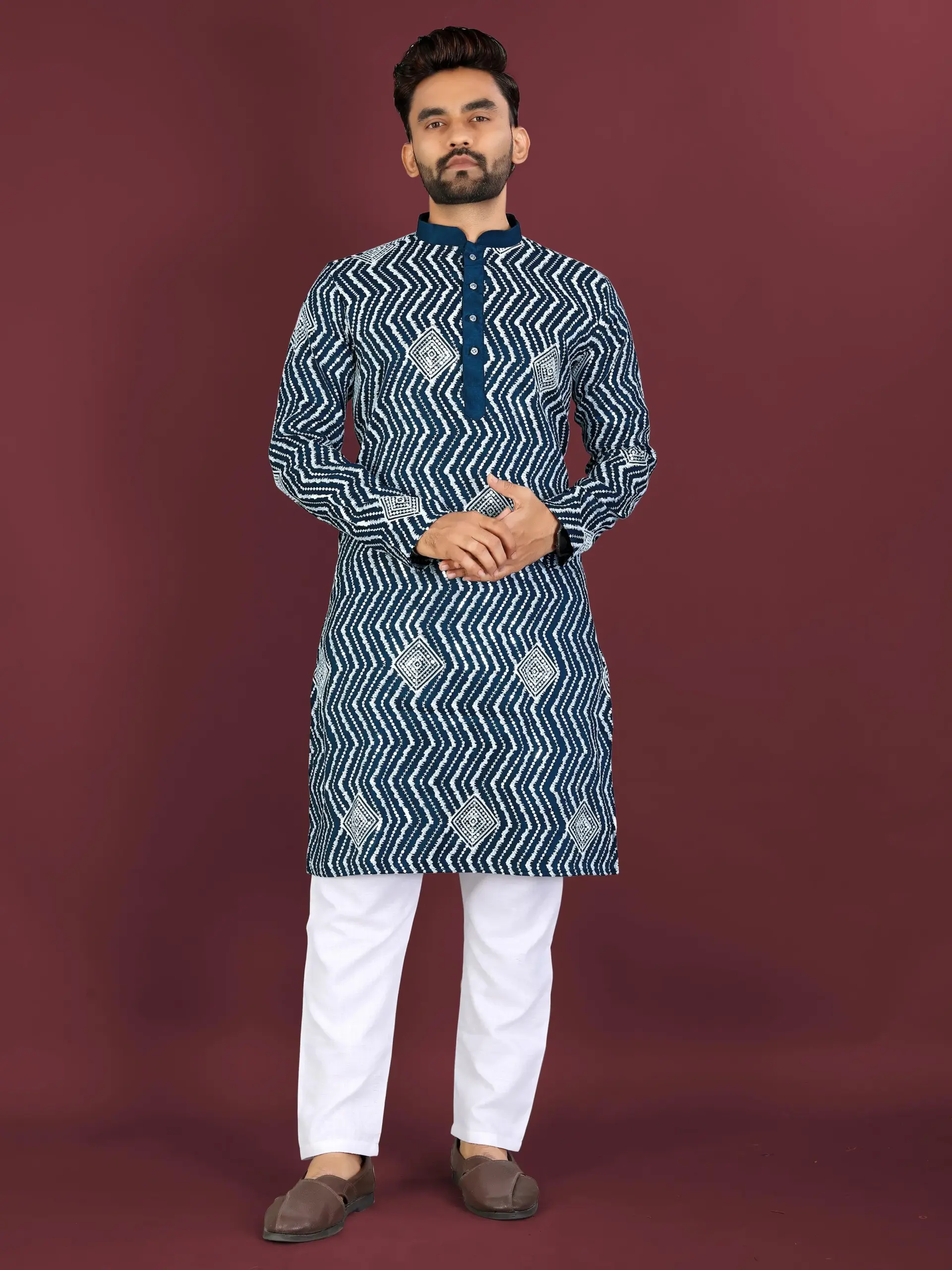 Teal Soft Silk Sequence Embroidered Men's Kurta Pyjama