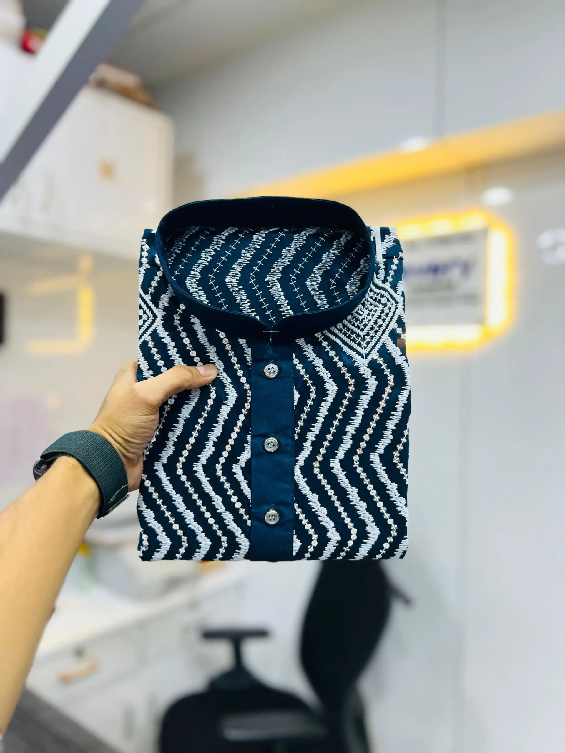 Teal Soft Silk Sequence Embroidered Men's Kurta Pyjama - Image 3