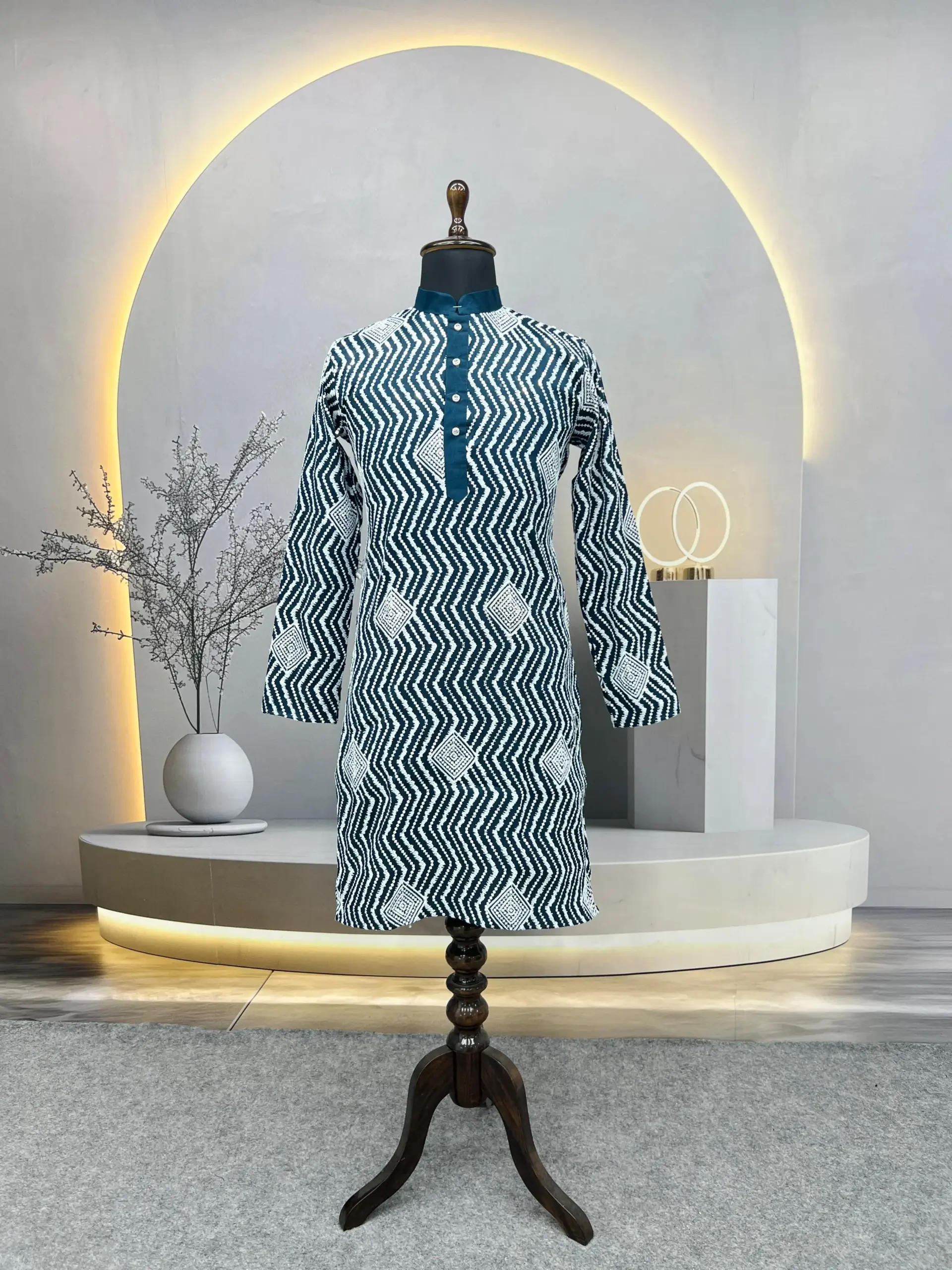 Teal Soft Silk Sequence Embroidered Men's Kurta Pyjama - Image 2