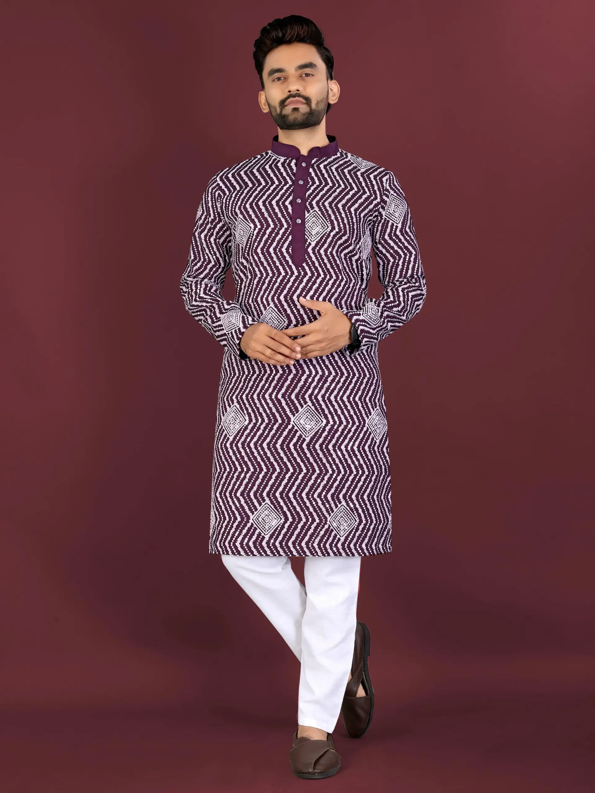 Wine Soft Silk Sequence Embroidered Men's Kurta Pyjama