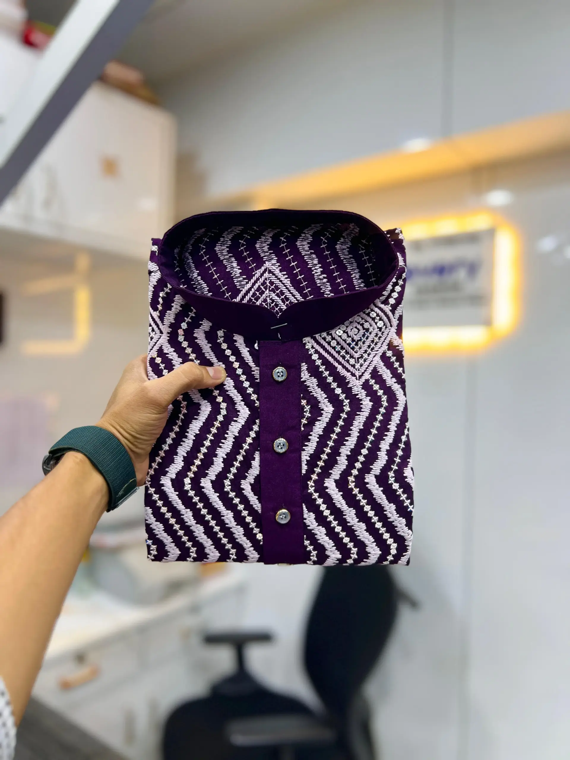 Wine Soft Silk Sequence Embroidered Men's Kurta Pyjama - Image 2