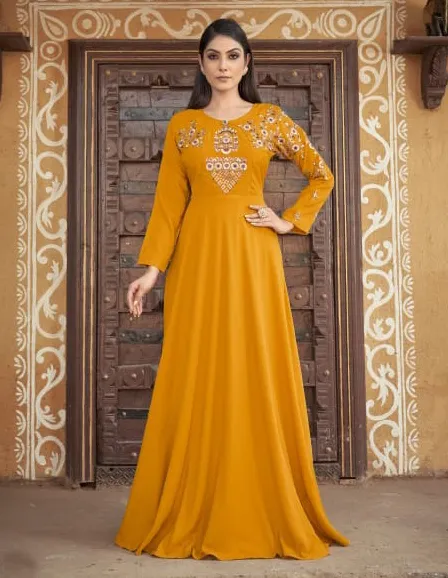 Mustard Heavy Muslin With Heavy Embroidered Kurti