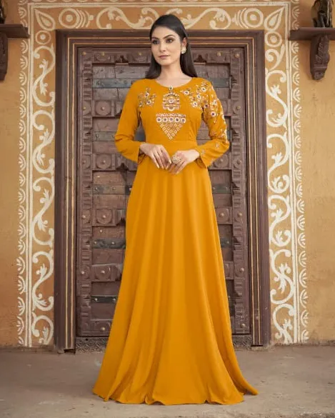 Mustard Heavy Muslin With Heavy Embroidered Kurti - Image 2
