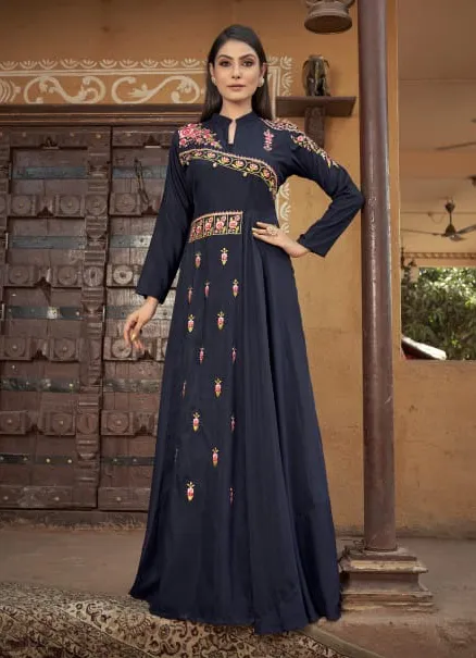 Navy Blue Heavy Muslin With Heavy Embroidered Kurti