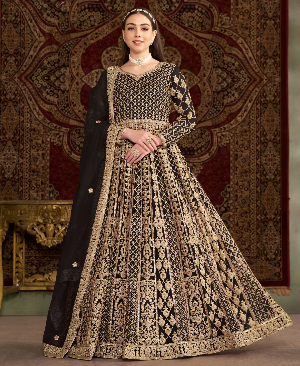 Black Net Heavy Embroidered Designer Gown With Dupatta