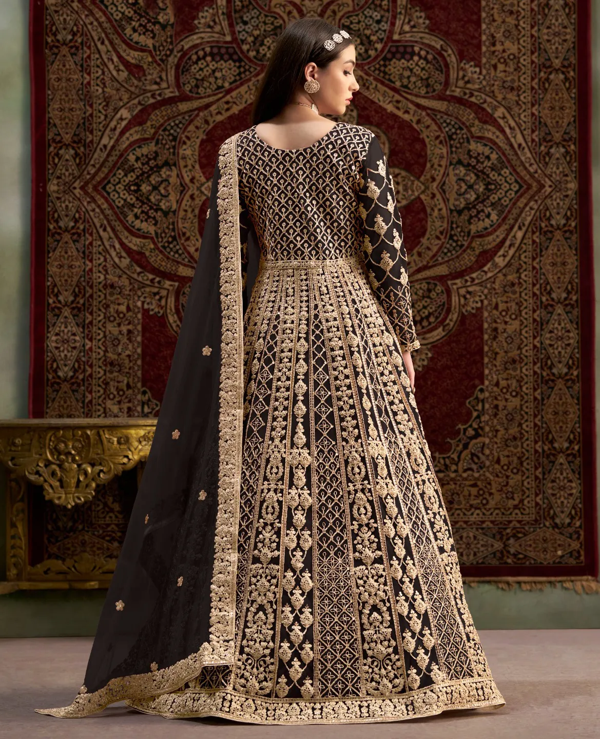 Black Net Heavy Embroidered Designer Gown With Dupatta - Image 2